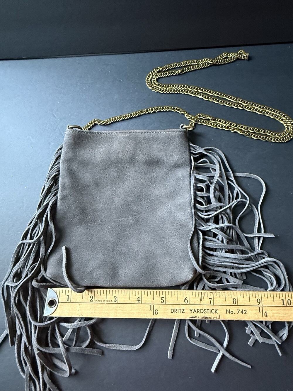 Urban Outfitters Suede Fringe Bag Cowhide Leather Gray Gold Chain Crossbody Boho